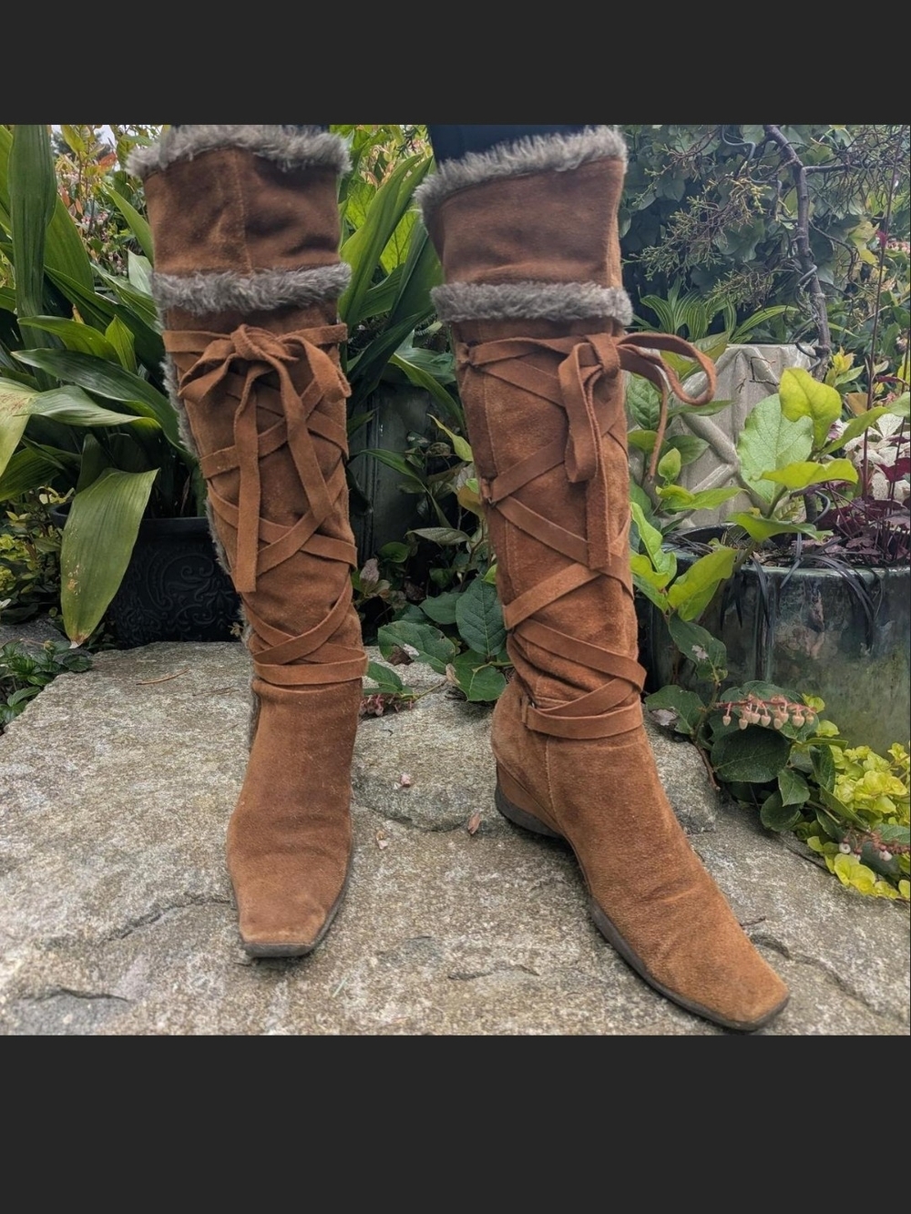 Diba True Brown Suede Over-the-Knee Lace-Up Boots with Faux Fur Cuff